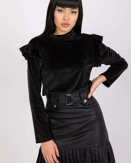 Velvet Vibe Blouse With Chic Frills And Button Accents