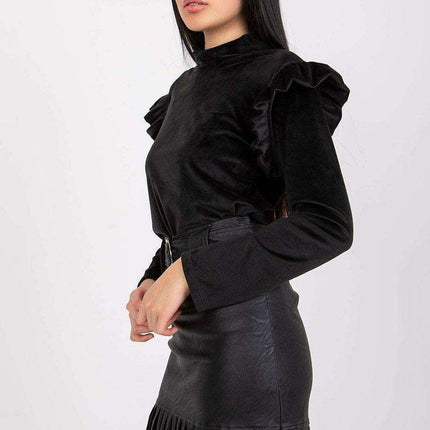 Velvet Vibe Blouse With Chic Frills And Button Accents