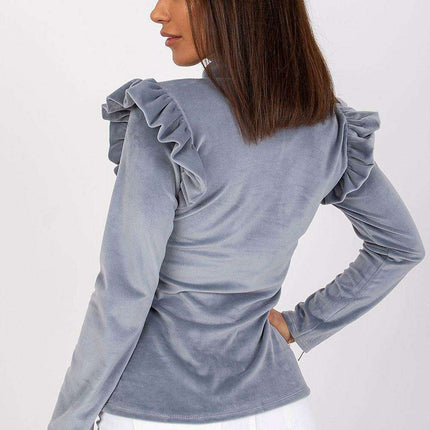 Velvet Vibe Blouse With Chic Frills And Button Accents