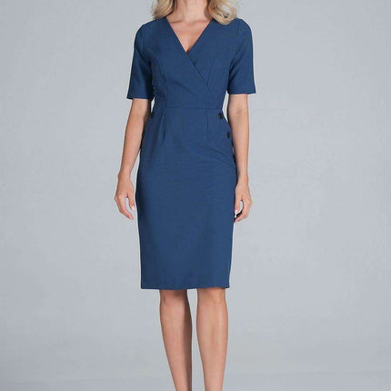 Chic Envelope Neckline Midi Pencil Dress with Stylish Button Accents
