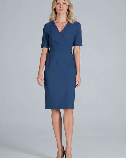 Chic Envelope Neckline Midi Pencil Dress with Stylish Button Accents
