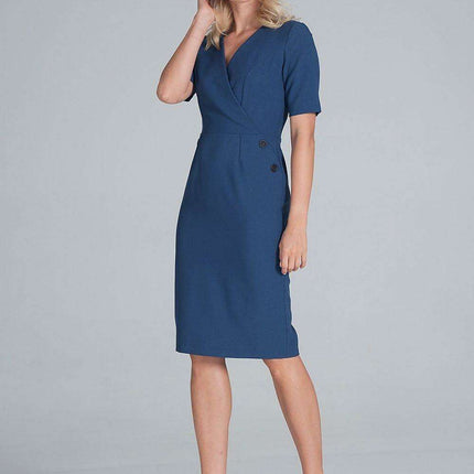 Chic Envelope Neckline Midi Pencil Dress with Stylish Button Accents