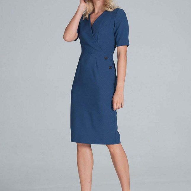 Chic Envelope Neckline Midi Pencil Dress with Stylish Button Accents