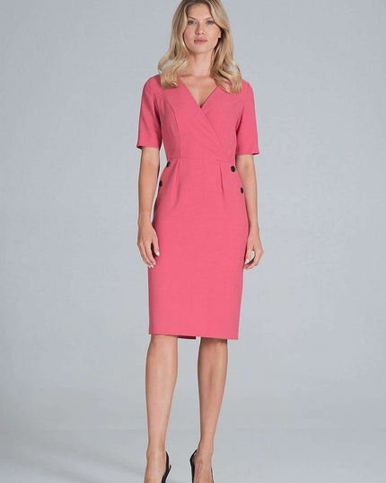 Chic Envelope Neckline Midi Pencil Dress with Stylish Button Accents