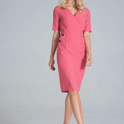 Chic Envelope Neckline Midi Pencil Dress with Stylish Button Accents
