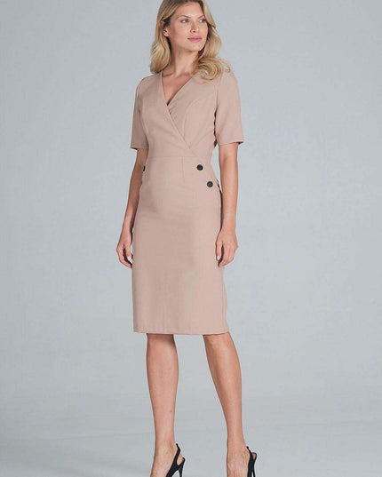 Chic Envelope Neckline Midi Pencil Dress with Stylish Button Accents