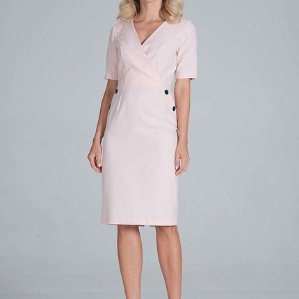 Chic Envelope Neckline Midi Pencil Dress with Stylish Button Accents