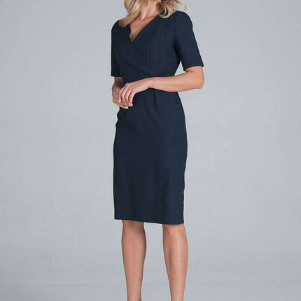 Chic Envelope Neckline Midi Pencil Dress with Stylish Button Accents