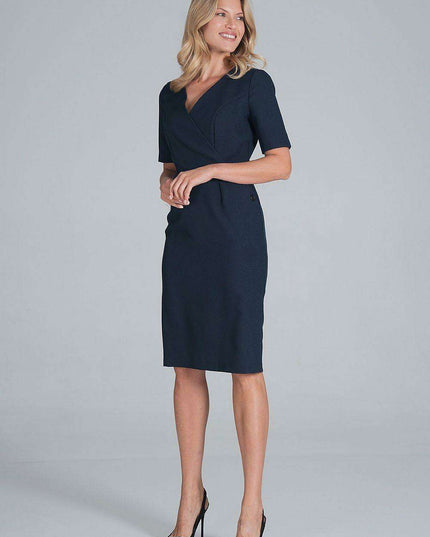 Chic Envelope Neckline Midi Pencil Dress with Stylish Button Accents