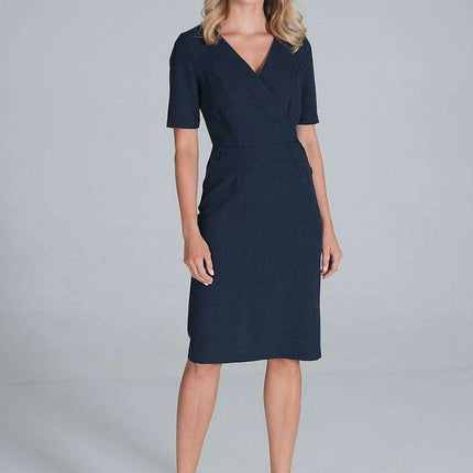 Chic Envelope Neckline Midi Pencil Dress with Stylish Button Accents