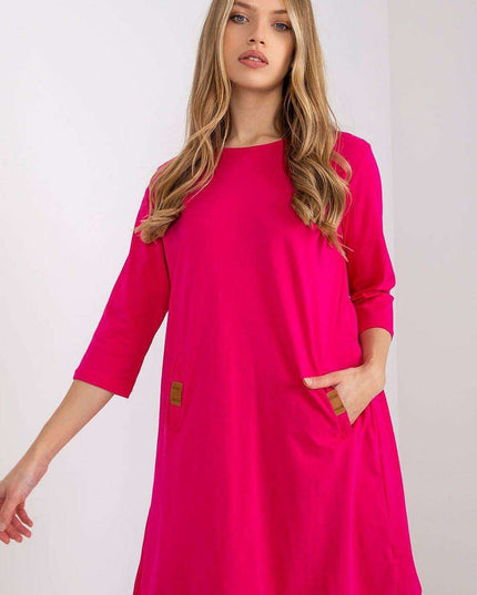 Versatile Cotton Blend Daydress - Trendy 3/4 Sleeves, Relaxed Fit with Functional Pockets