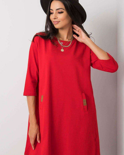 Versatile Cotton Blend Daydress - Trendy 3/4 Sleeves, Relaxed Fit with Functional Pockets