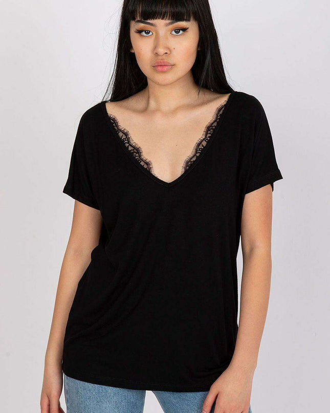 Lace-Embellished Viscose T-Shirt with Serek Neckline for Women