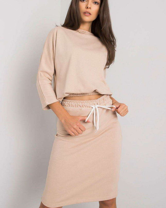 Chic Ribbed Top and Tailored Pencil Skirt Ensemble with Adjustable Waist Tie