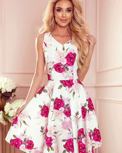 Chic Navy Blue Evening Gown with Pink Floral Accents - Numoco Dress