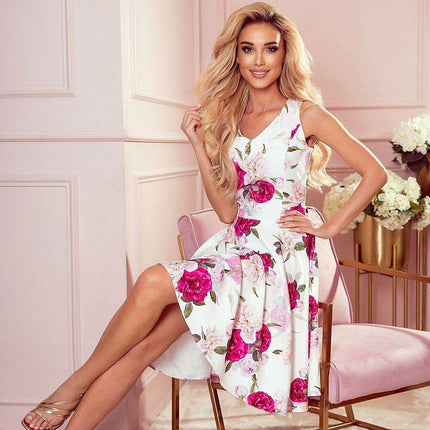 Chic Navy Blue Evening Gown with Pink Floral Accents - Numoco Dress