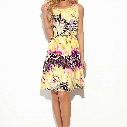 Chic Beige and Green Leaf Print Belted Trapeze Dress by Numoco