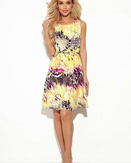 Chic Beige and Green Leaf Print Belted Trapeze Dress by Numoco