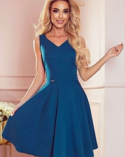 Chic Navy Blue Evening Gown with Pink Floral Accents - Numoco Dress