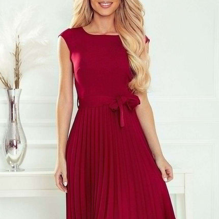 Elegant Beige Pleated Day Dress with Waist Belt