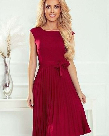 Elegant Beige Pleated Day Dress with Waist Belt