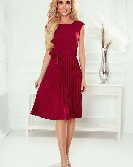 Elegant Beige Pleated Day Dress with Waist Belt