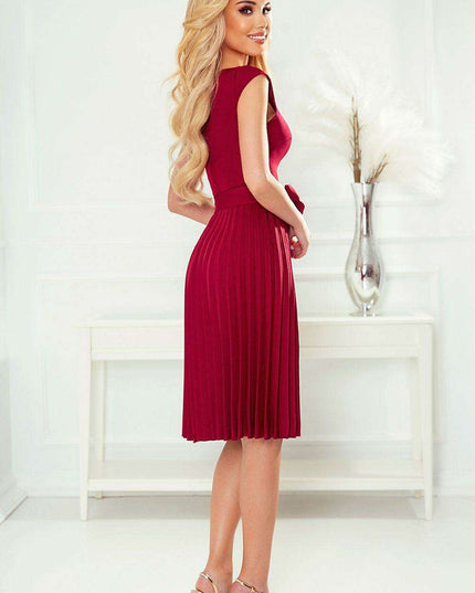 Elegant Beige Pleated Day Dress with Waist Belt