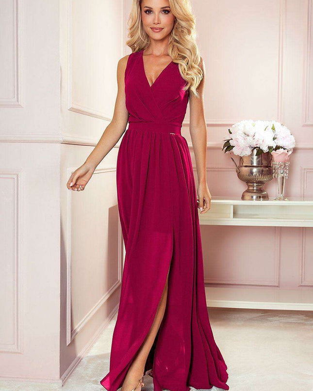 Chic Beige Brocade Maxi Gown with Alluring Side Slit by Numoco