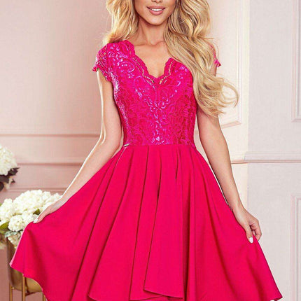 Raspberry Elegance Asymmetrical Lace Evening Dress by Numoco