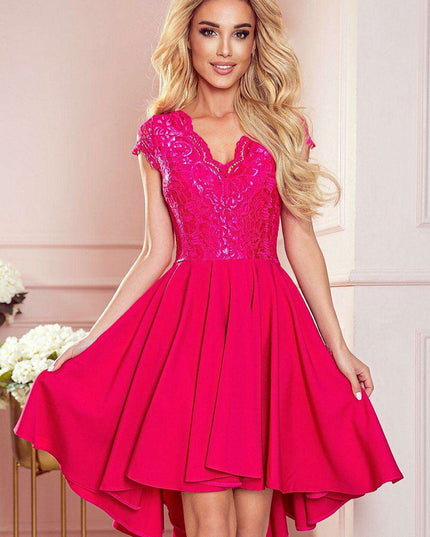 Raspberry Elegance Asymmetrical Lace Evening Dress by Numoco