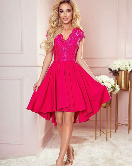 Raspberry Elegance Asymmetrical Lace Evening Dress by Numoco