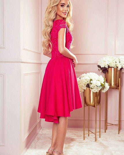 Raspberry Elegance Asymmetrical Lace Evening Dress by Numoco