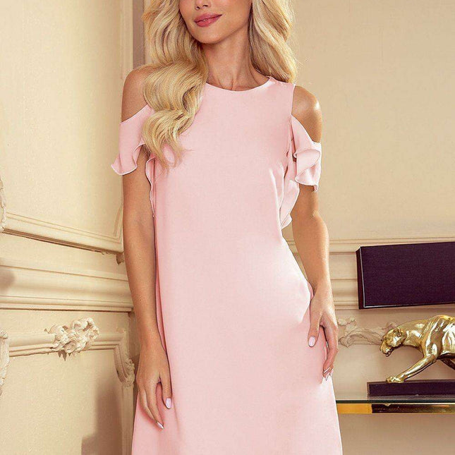 Elegant Pastel Pink Ruffled Trapeze Dress Made in Europe