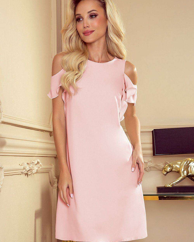 Elegant Pastel Pink Ruffled Trapeze Dress Made in Europe