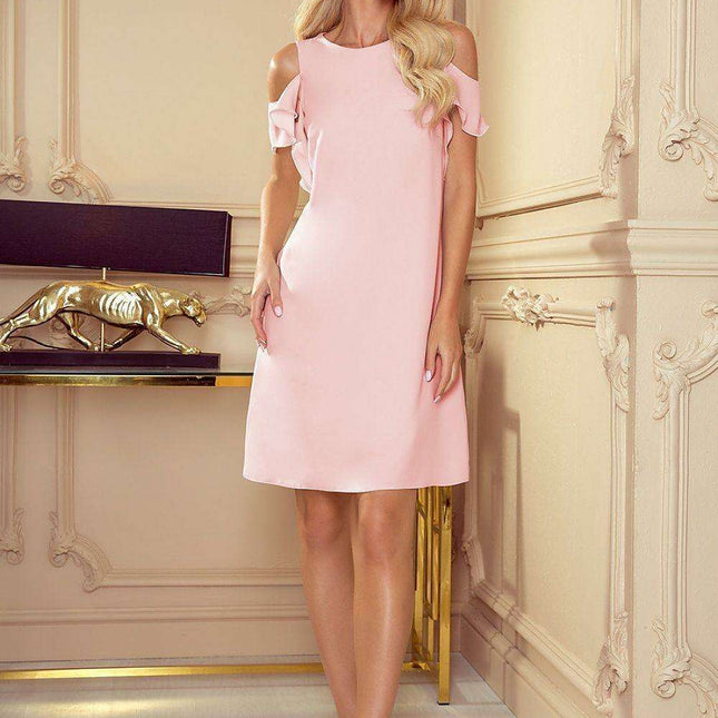 Elegant Pastel Pink Ruffled Trapeze Dress Made in Europe