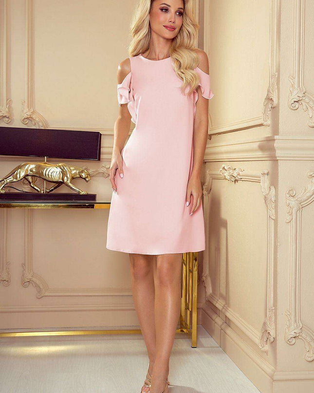 Elegant Pastel Pink Ruffled Trapeze Dress Made in Europe