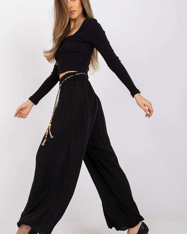 Sophisticated Viscose High-Waisted Wide Leg Trousers with Stylish Tie Belt