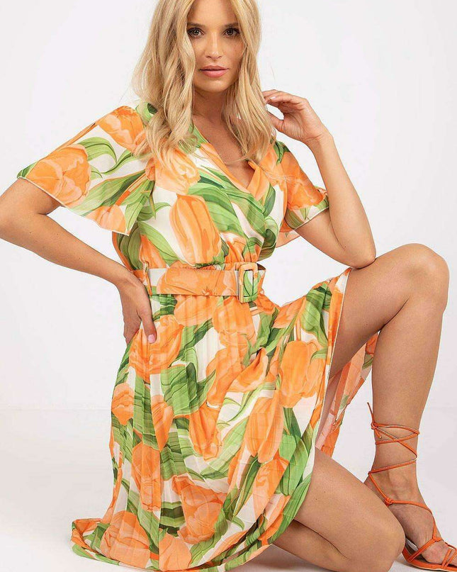 Elegant Frilled Sleeve Summer Dress With Chic Wrap Neckline