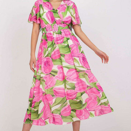 Chic Midi Dress With Colorful Prints And Coordinating Belt