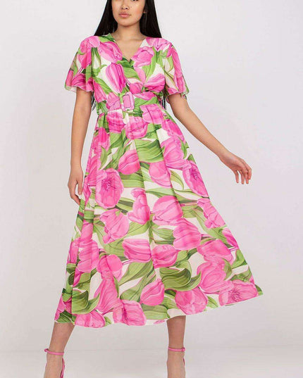 Chic Midi Dress With Colorful Prints And Coordinating Belt