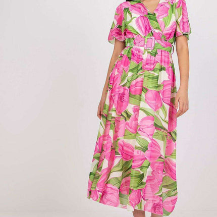 Chic Midi Dress With Colorful Prints And Coordinating Belt
