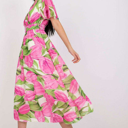 Chic Midi Dress With Colorful Prints And Coordinating Belt