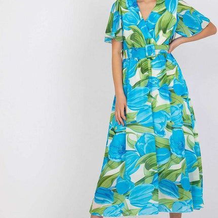 Chic Midi Dress With Colorful Prints And Coordinating Belt