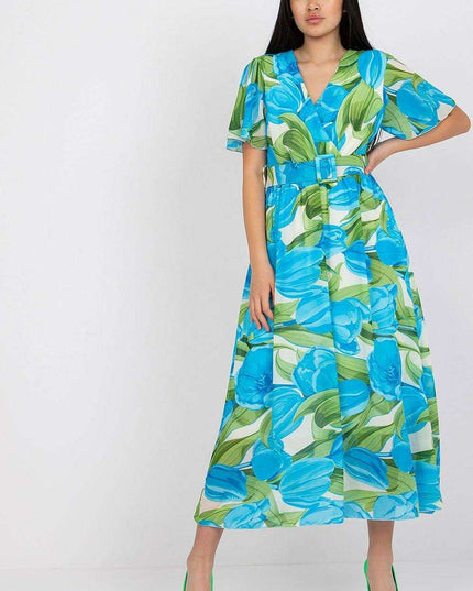 Chic Midi Dress With Colorful Prints And Coordinating Belt