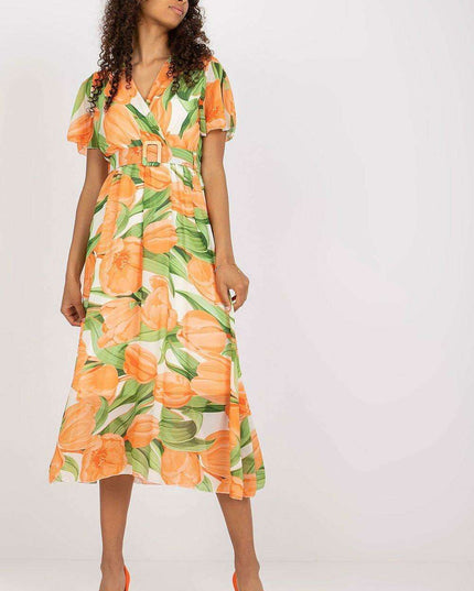 Chic Midi Dress With Colorful Prints And Coordinating Belt