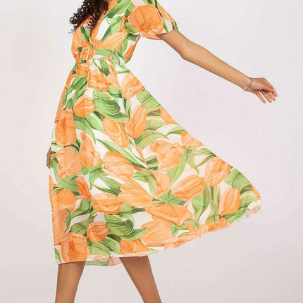 Chic Midi Dress With Colorful Prints And Coordinating Belt