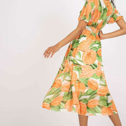 Chic Midi Dress With Colorful Prints And Coordinating Belt