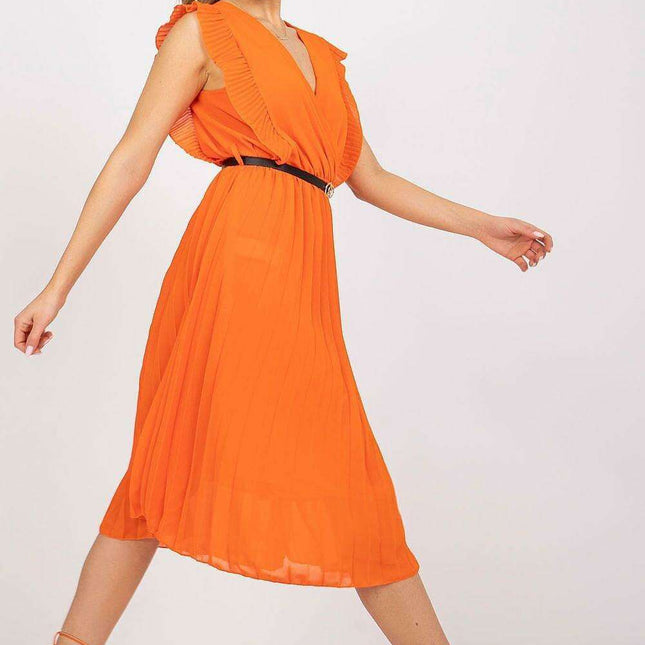 Pleated Summer Dress Sweetheart Neckline And Ruffle Sleeves