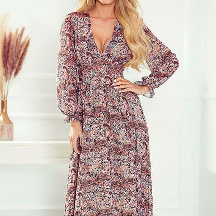 Elegant Long Sleeve Beige-Blue Chiffon Midi Dress