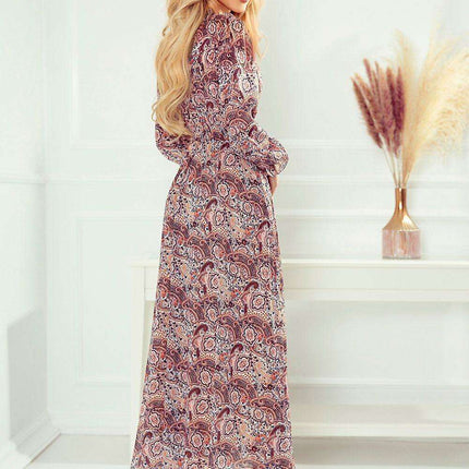 Elegant Long Sleeve Beige-Blue Chiffon Midi Dress